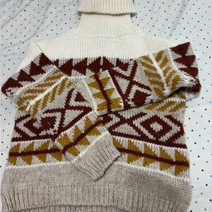 Cream and Brown Cowl Neck wool blend Sweater with Geometric Pattern